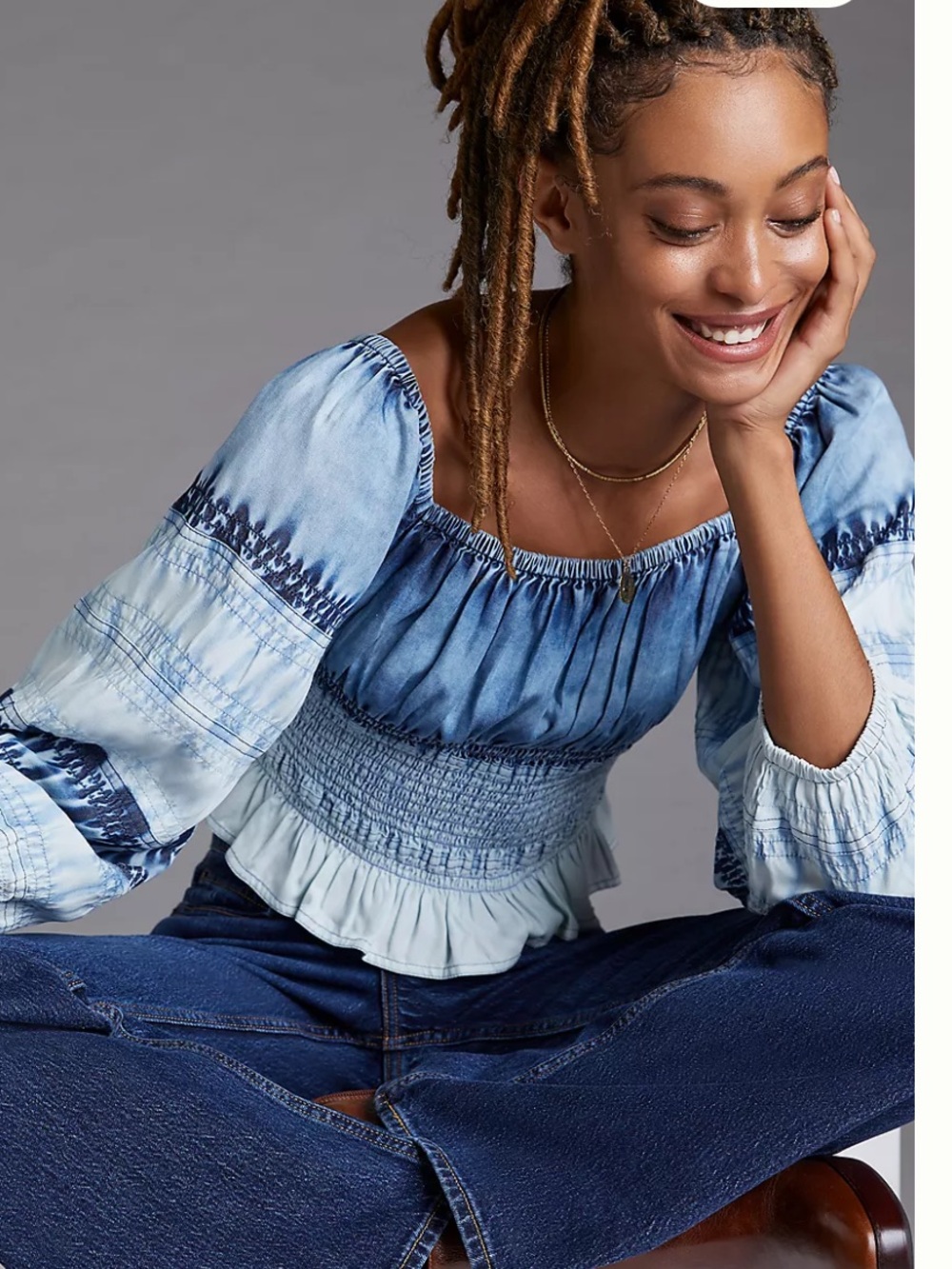 Pilcro Smocked Chambray Top /ruched hues of blue S